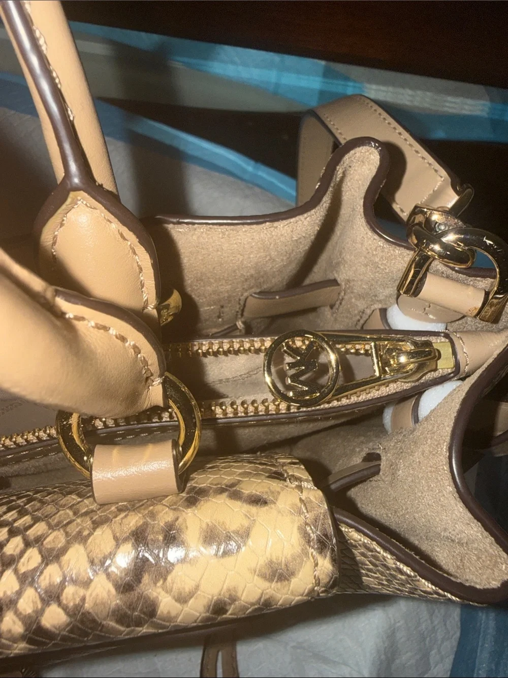 Michael Kors Tan Snake-Print Satchel with Gold Hardware